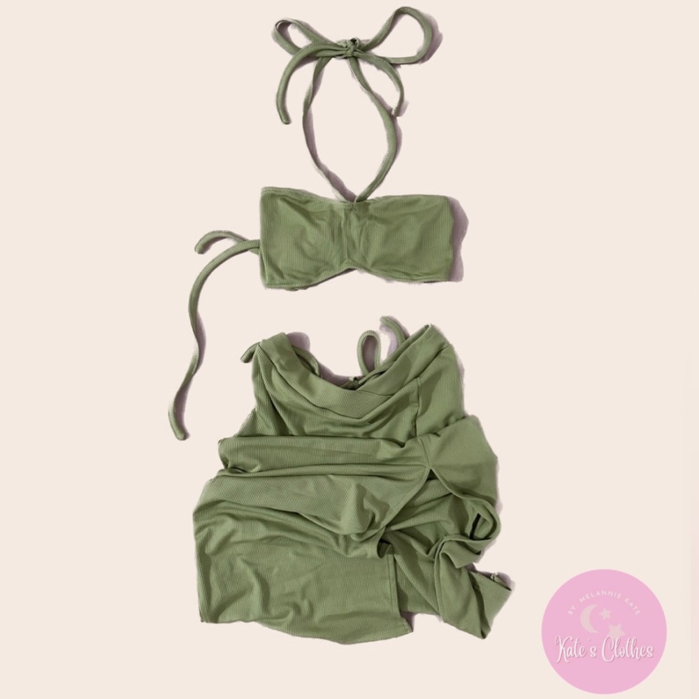 Green Crop Top Set Tied in V And Midi Skirt Aesthetic XS COMPLETELY NEW